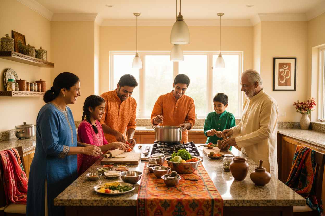 Happy Indian Family In Kitchen